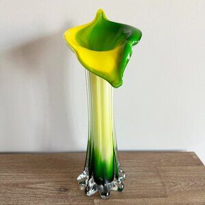 Vintage Green Yellow Hand Blown Art Glass Jack in the Pulpit Vase 12”